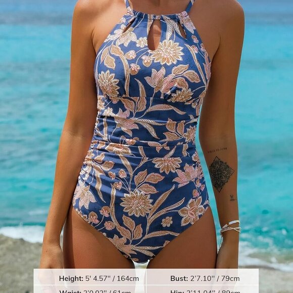 Women's One Piece Swimsuit High Neck Tummy Control Swimwear Bathing Suit - Picture 4 of 6